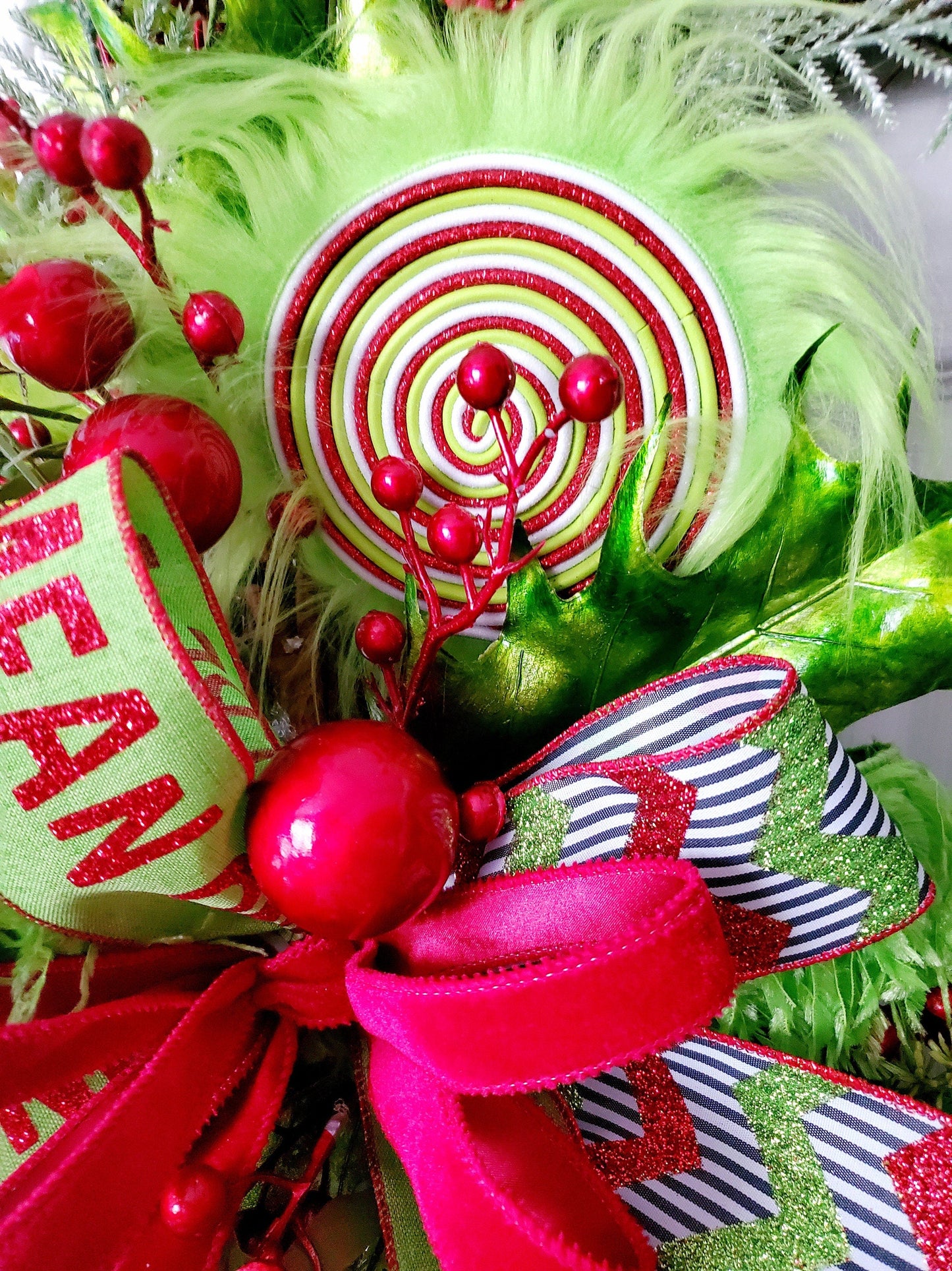 Whimsical Green Monster Style Grapevine Wreath, Red and Lime Green Holiday Hanger with Mean One Ribbon, Whimsical Front Door, Festive Decor My Store