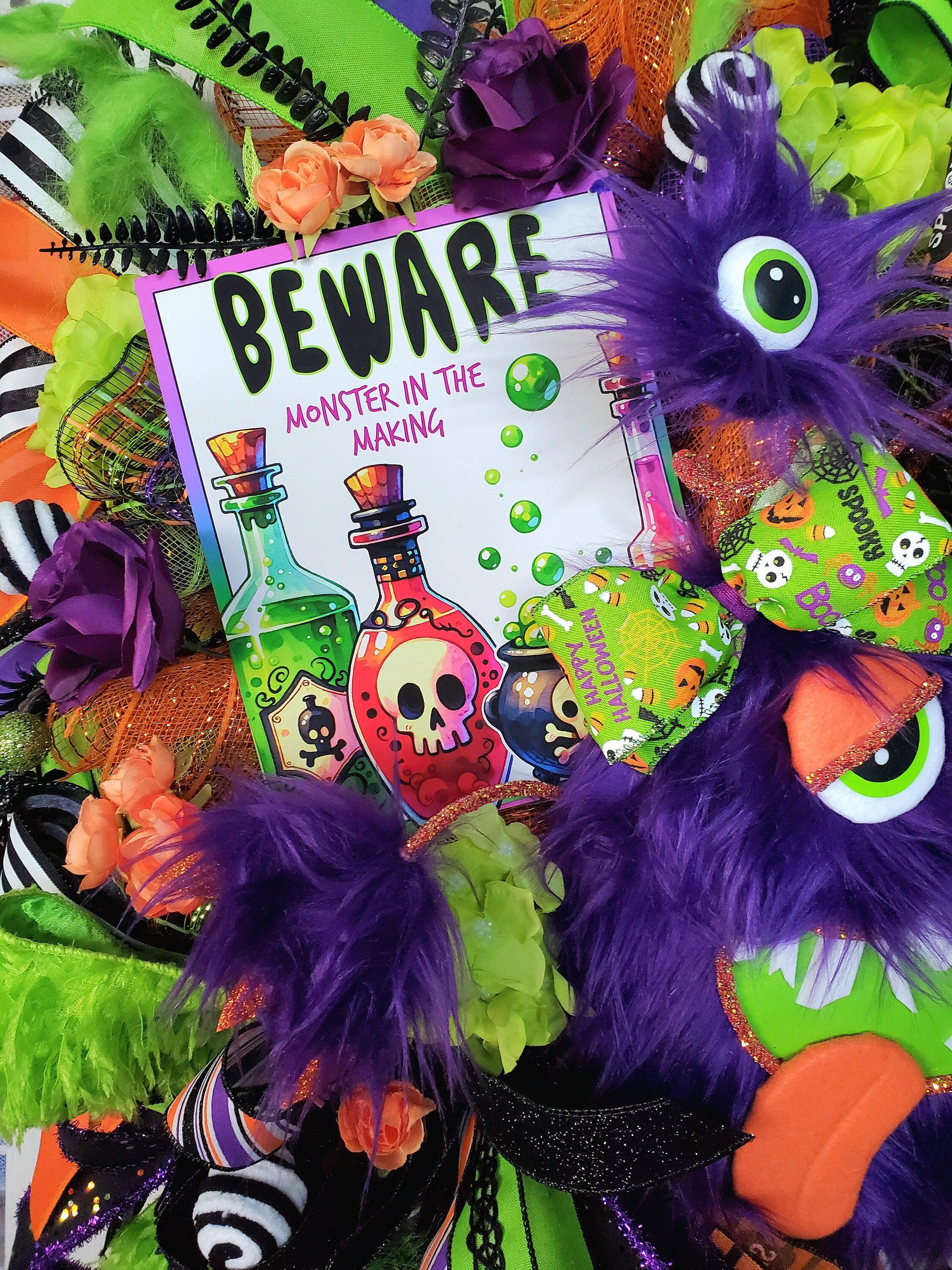 Birthday or Halloween Purple Three Eyed Monster Front Door Wreath Stuffs n Things by JD
