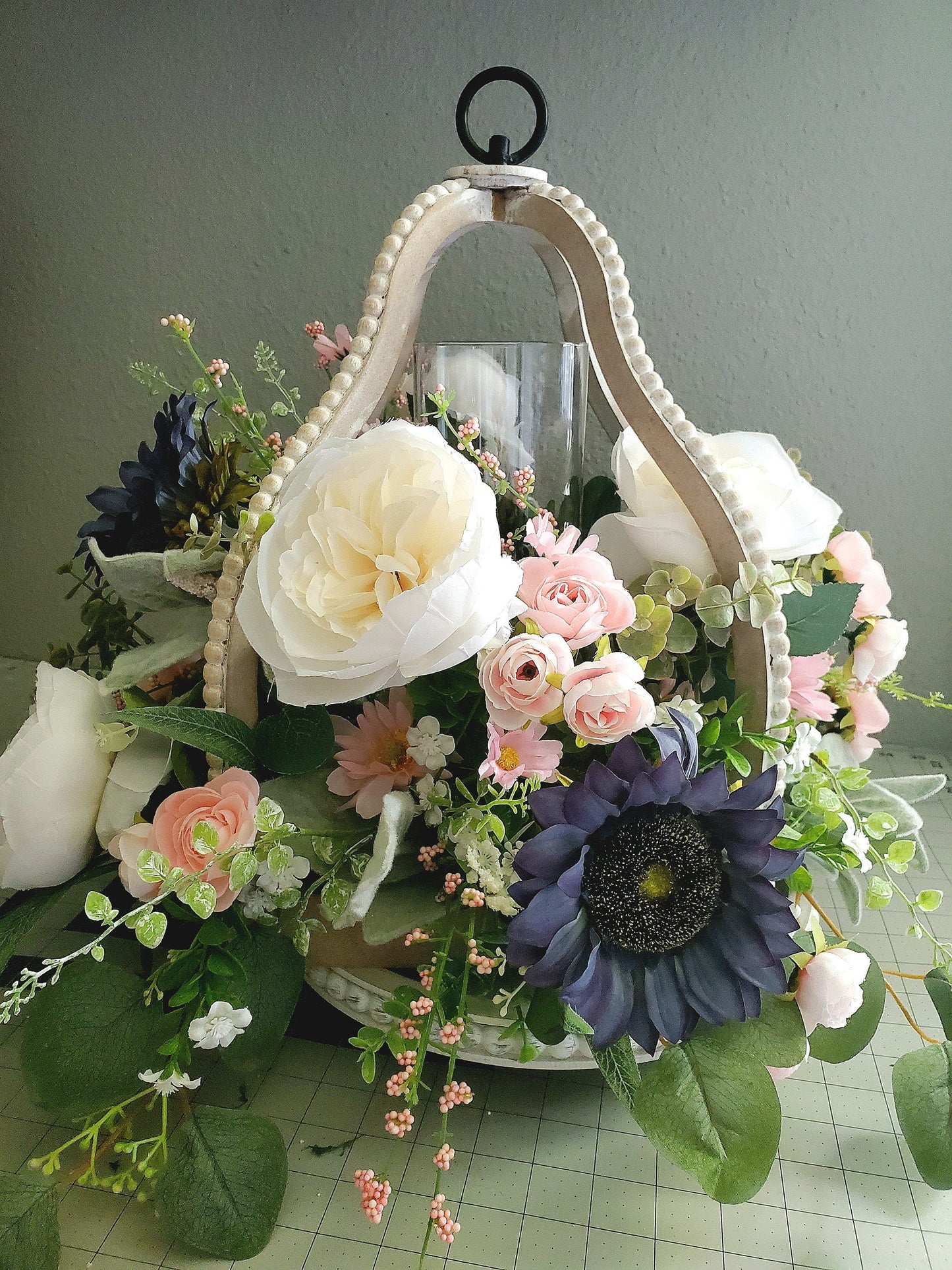 Distressed Bead Lantern Floral Centerpiece - Wedding Arrangement Stuffs n Things by JD