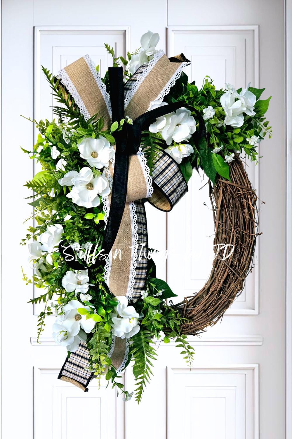 Butterfly Ranunculus Every Day Wreath with Black and Burlap Bow - Farmhouse Style Stuffs n Things by JD