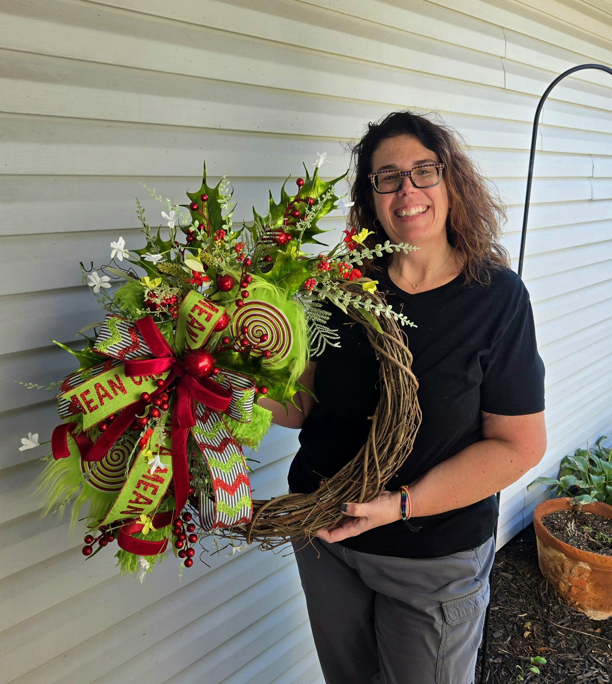 Whimsical Green Monster Style Grapevine Wreath, Red and Lime Green Holiday Hanger with Mean One Ribbon, Whimsical Front Door, Festive Decor My Store