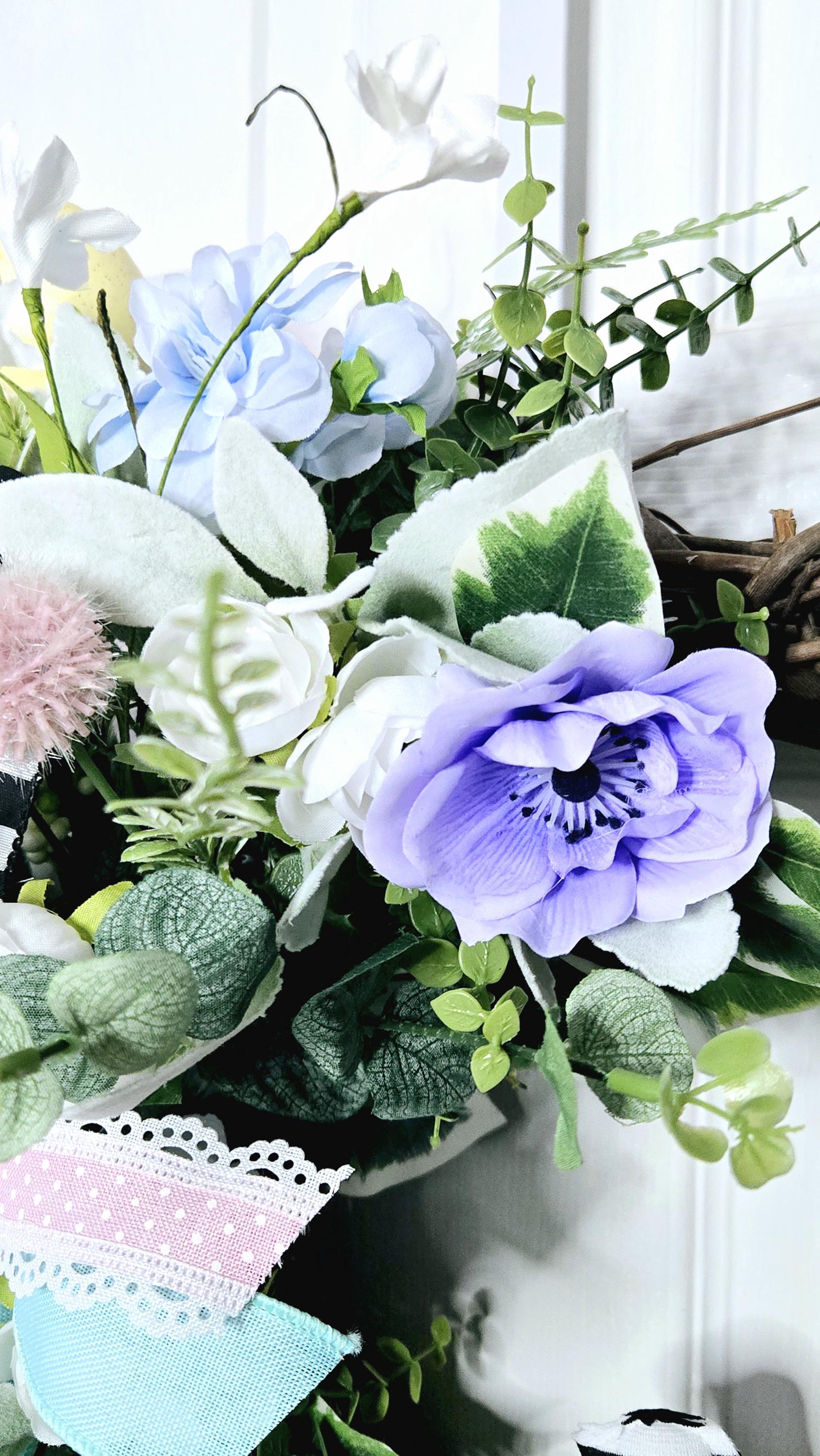 Easter Spring Wreath with Pastel Flowers & Bunny Stuffs n Things by JD
