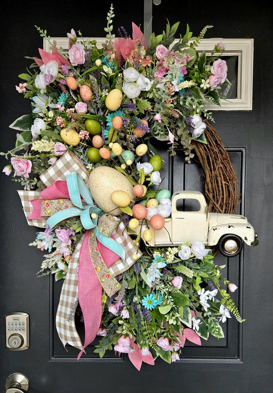 XL Vintage Truck and Easter Egg Front Door Wreath Stuffs n Things by JD
