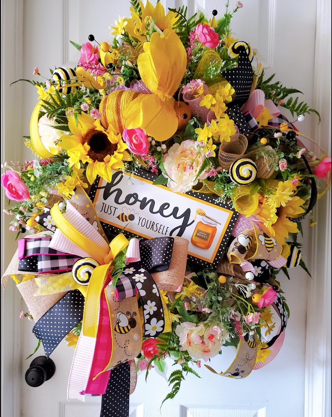 Bee Yourself Summer Wreath for Front Door - Pink & Yellow My Store