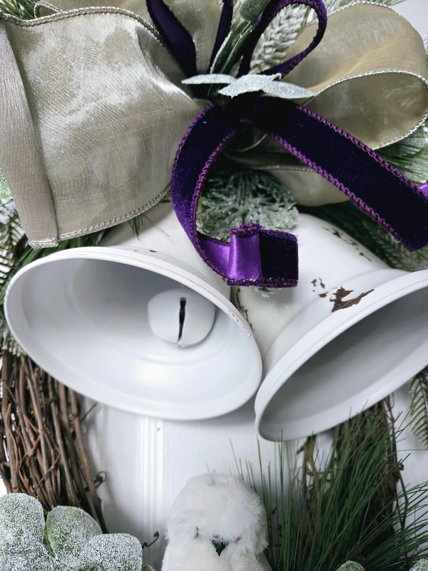 Rustic Bell and Snow Owl Winter or Holiday Grapevine Wreath for Front Door Stuffs n Things by JD