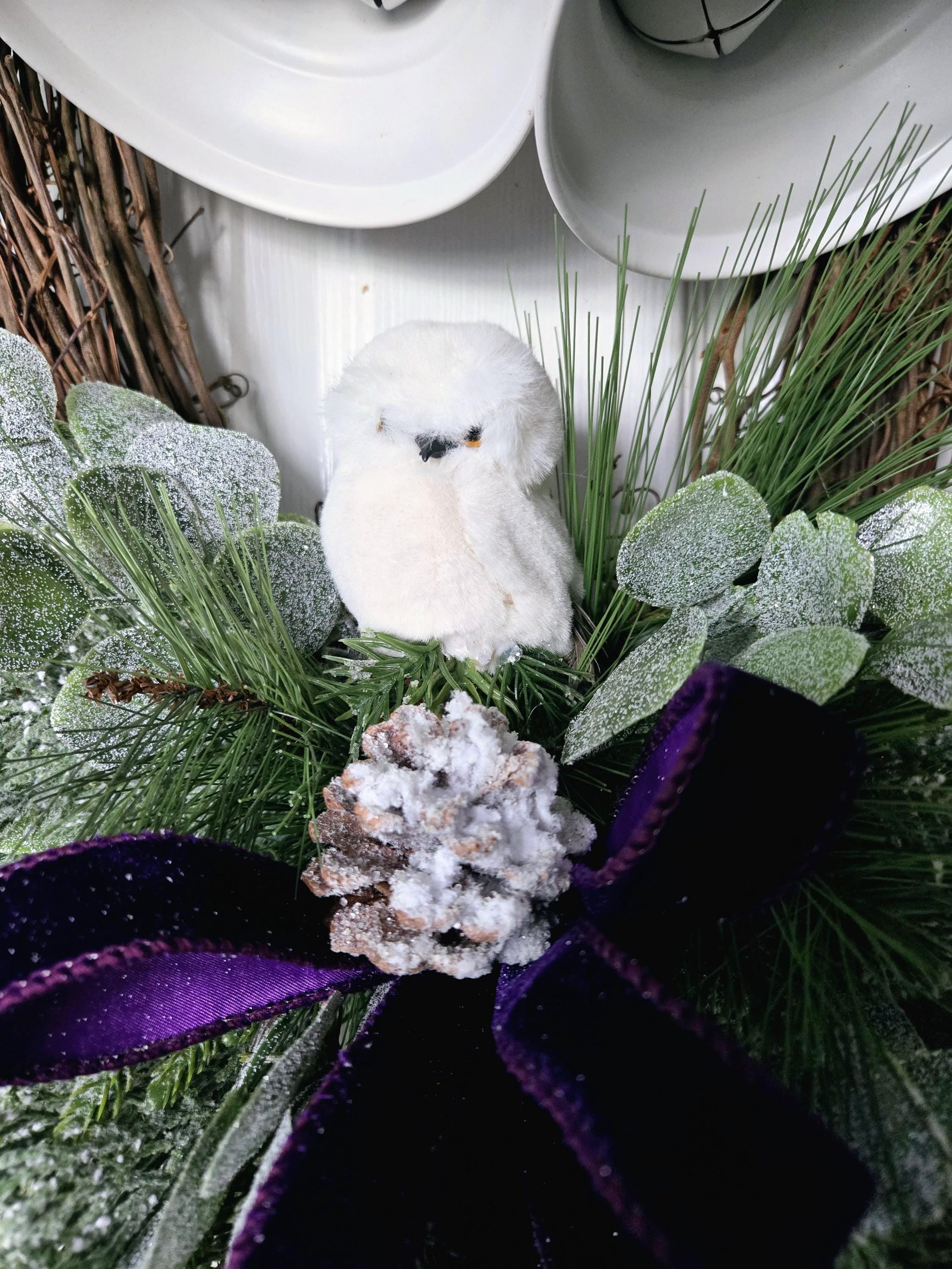 Rustic Bell and Snow Owl Winter or Holiday Grapevine Wreath for Front Door Stuffs n Things by JD