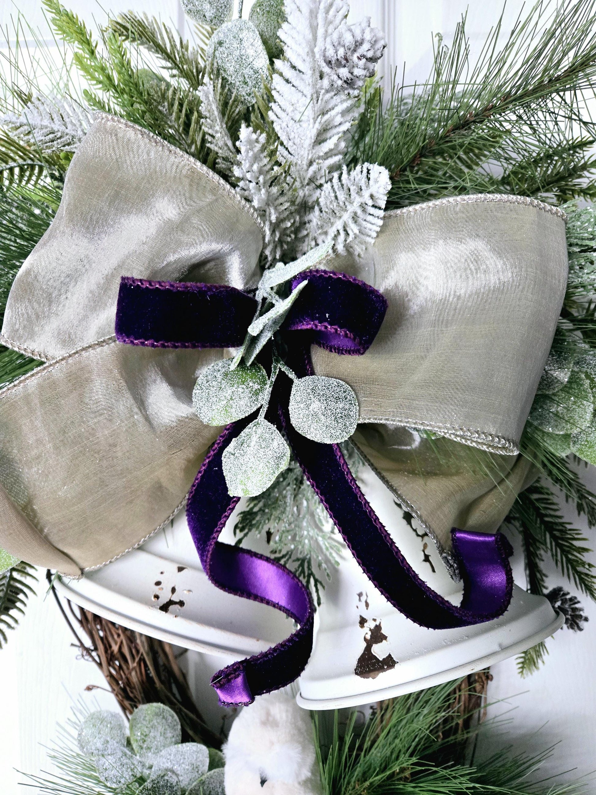 Rustic Bell and Snow Owl Winter or Holiday Grapevine Wreath for Front Door Stuffs n Things by JD