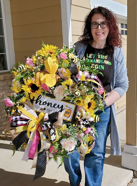 Bee Yourself Summer Wreath for Front Door - Pink & Yellow My Store
