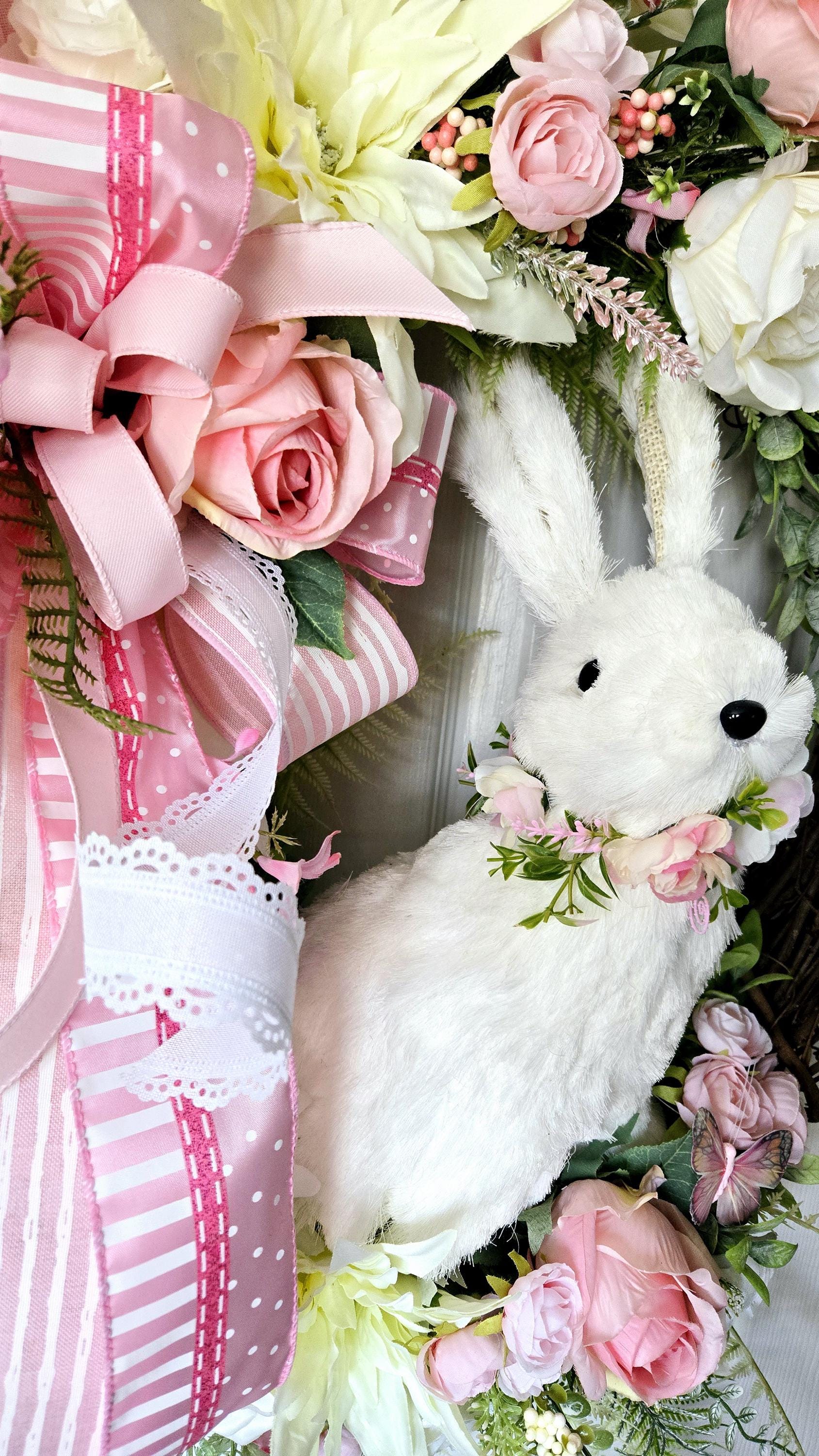 Pink Rose Easter Sisal Bunny Front Door Wreath - Cottagecore Style Stuffs n Things by JD