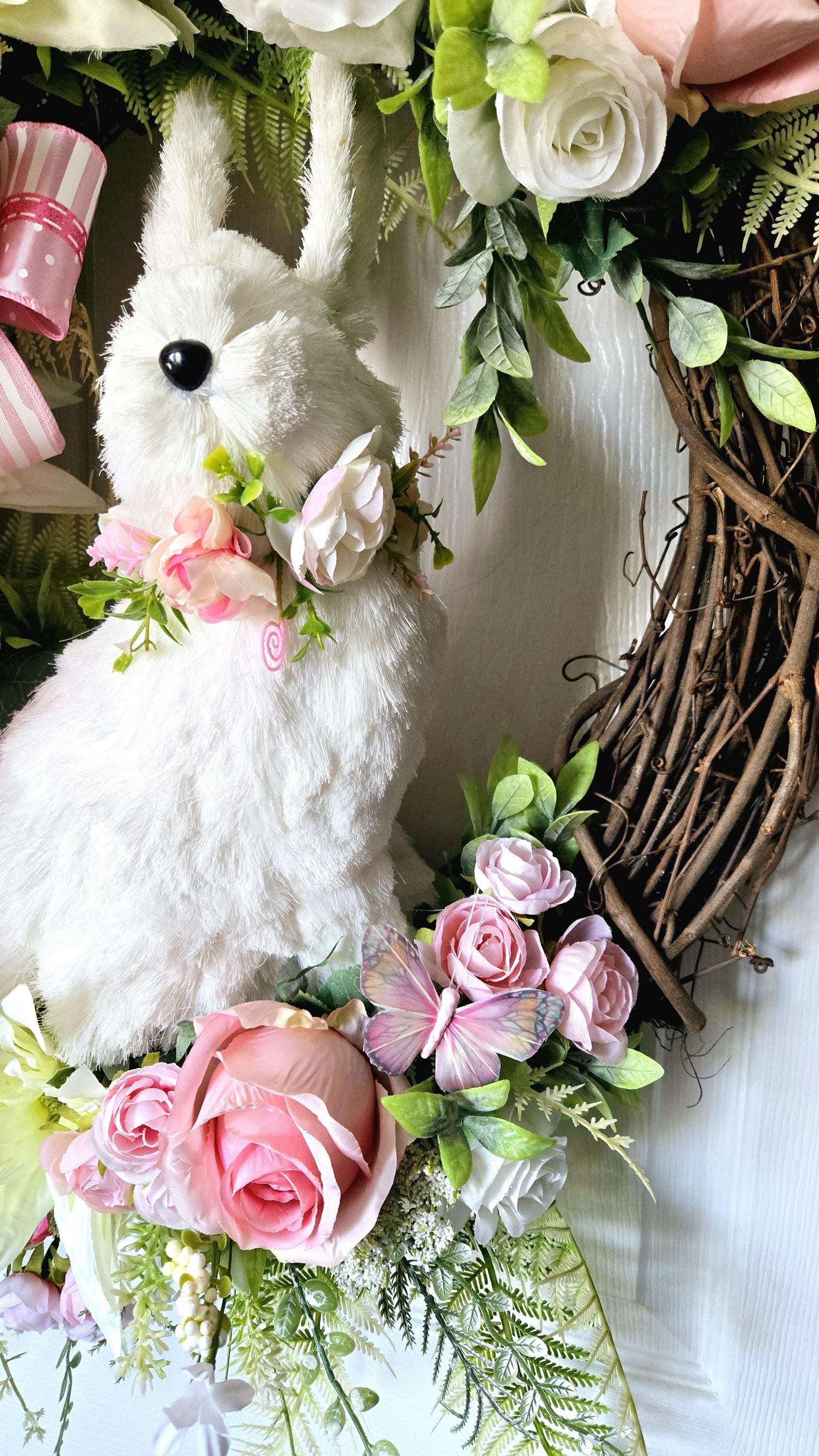 Pink Rose Easter Sisal Bunny Front Door Wreath - Cottagecore Style Stuffs n Things by JD