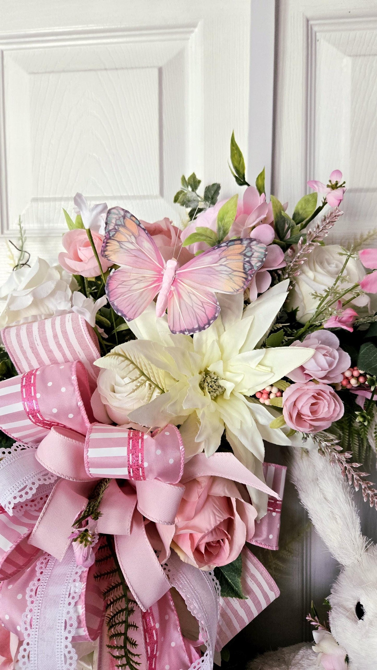 Pink Rose Easter Sisal Bunny Front Door Wreath - Cottagecore Style Stuffs n Things by JD