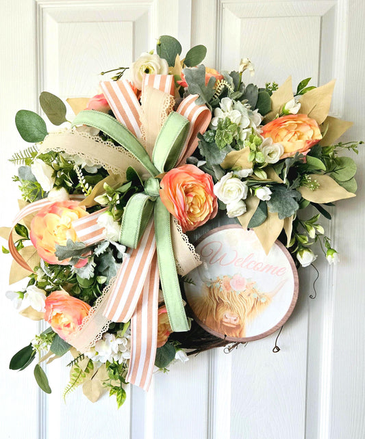 Farmhouse Highland Cow Welcome Wreath for Front Door Stuffs n Things by JD
