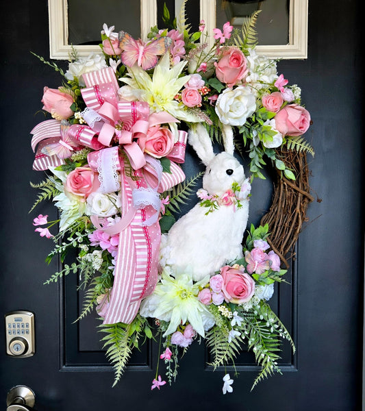Pink Rose Easter Sisal Bunny Front Door Wreath - Cottagecore Style Stuffs n Things by JD