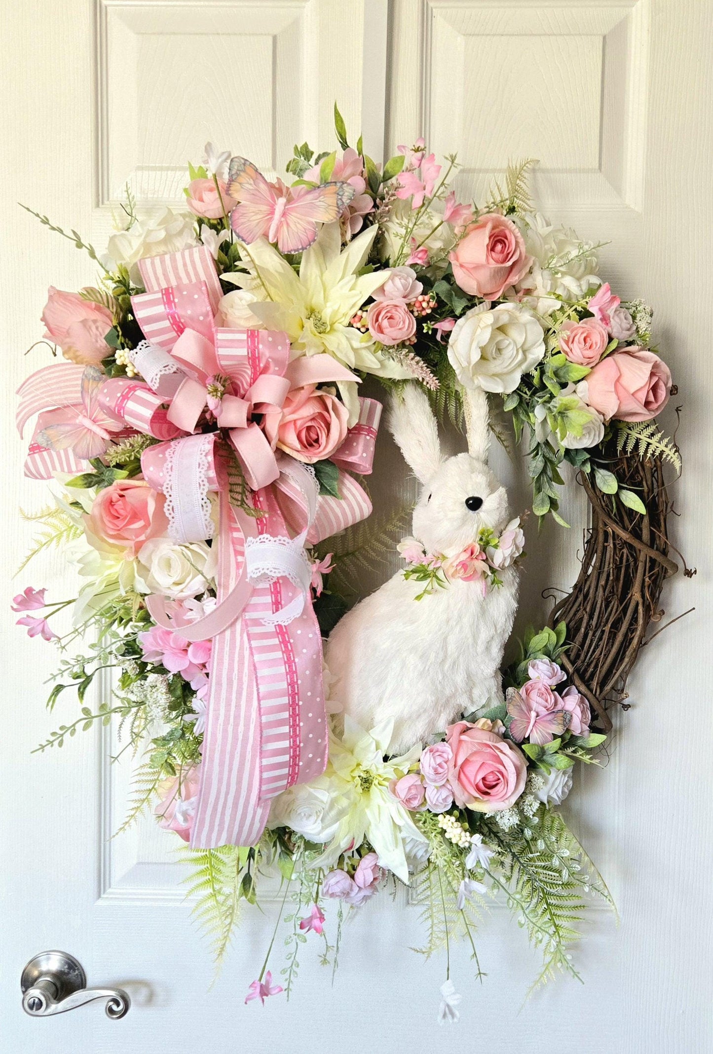 Pink Rose Easter Sisal Bunny Front Door Wreath - Cottagecore Style Stuffs n Things by JD