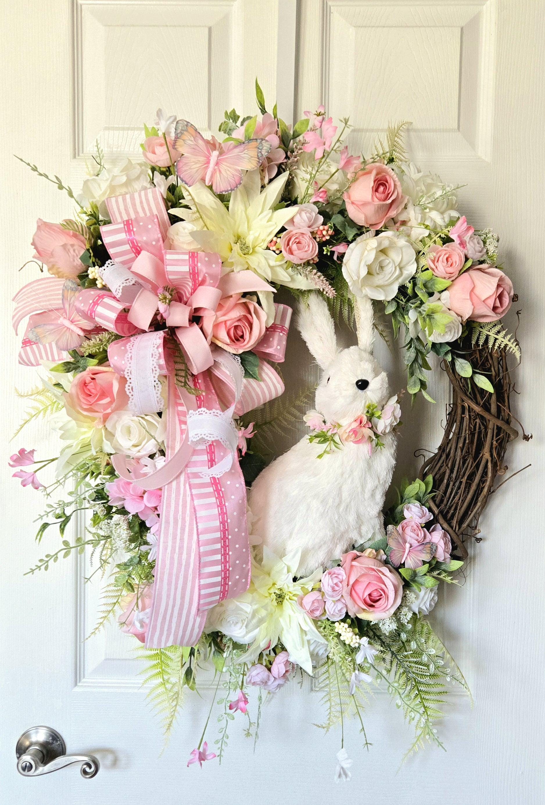 Pink Rose Easter Sisal Bunny Front Door Wreath - Cottagecore Style Stuffs n Things by JD