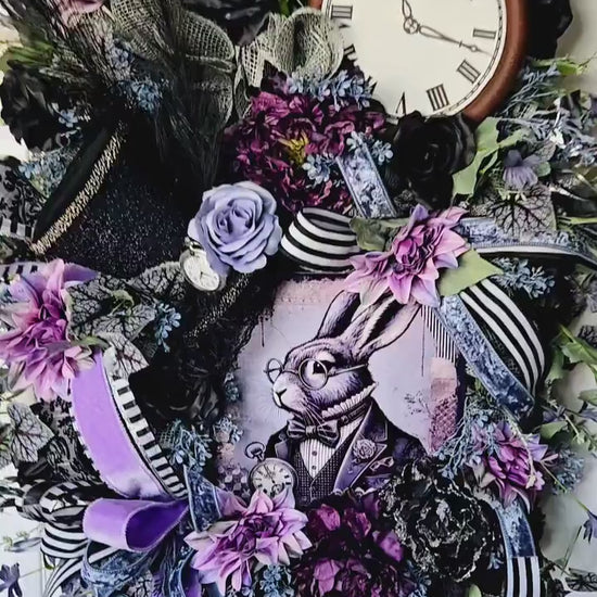 Easter Wonderland White Rabbit Wreath, Gothic Alice in Wonderland Decor, Mad Hatter Purple & Black Swag, Goth Glam Bunny, Dark Academia Mood