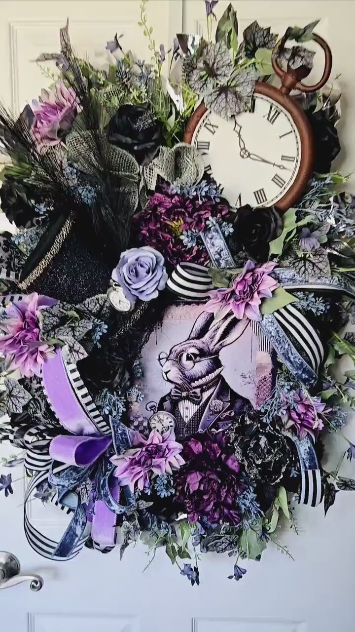 Easter Wonderland White Rabbit Wreath, Gothic Alice in Wonderland Decor, Mad Hatter Purple & Black Swag, Goth Glam Bunny, Dark Academia Mood