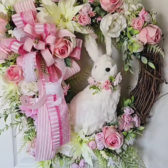Easter Bunny Wreath - Spring Floral Door Decor - Pink Rose Grapevine Wreath - Handmade Easter Decoration - Cottagecore Front Door Wreath