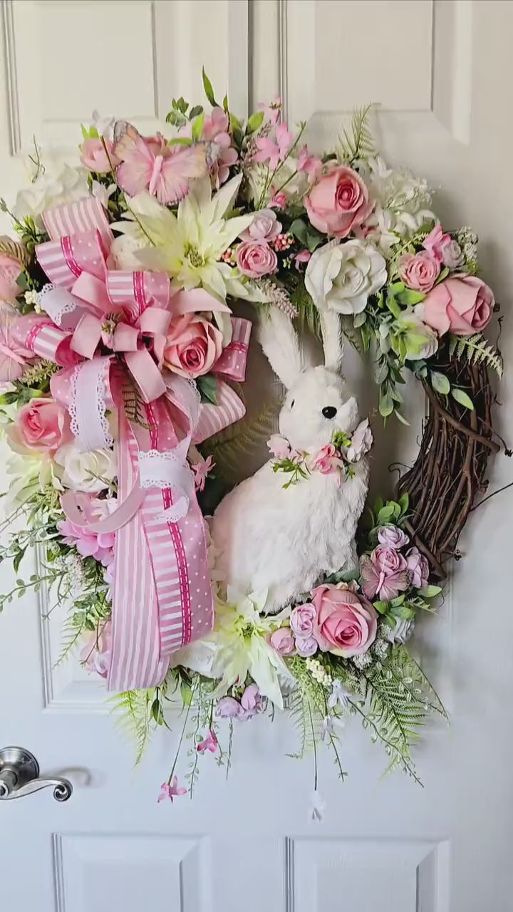 Easter Bunny Wreath - Spring Floral Door Decor - Pink Rose Grapevine Wreath - Handmade Easter Decoration - Cottagecore Front Door Wreath