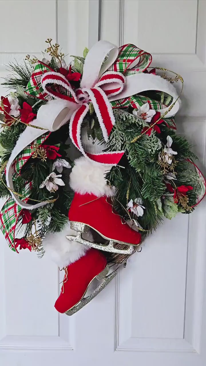 Ice Skates Winter Grapevine Wreath, Red Gold White Holiday Wreath, Christmas Front Door, Festive Christmas Decorations, Christmas Decor