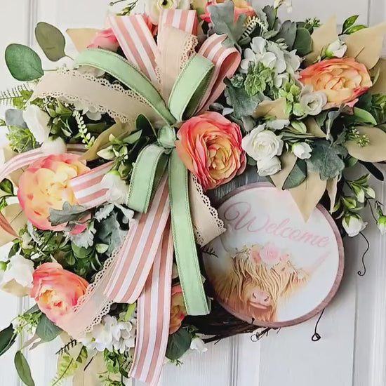 Farmhouse Cow Welcome Wreath, Highland Cow Door Hanger, Rustic Floral Grapevine Wreath, Peach Cottagecore Decor, Spring Highland Cow Decor