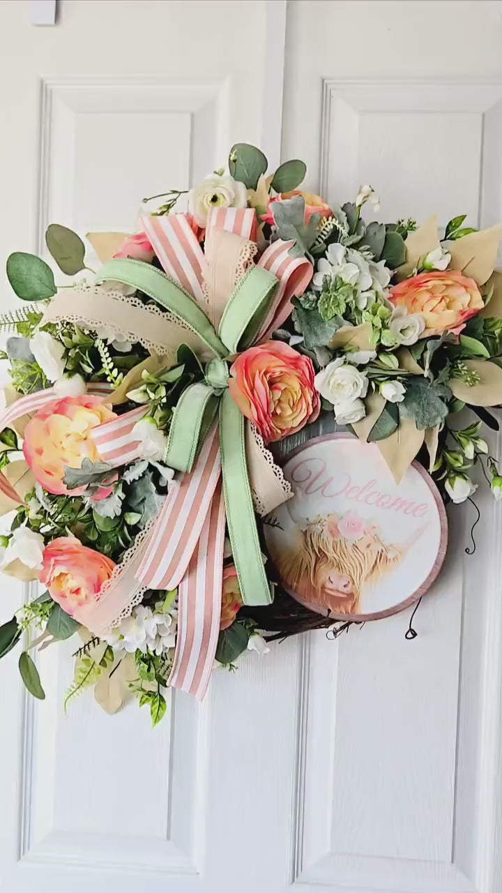 Farmhouse Cow Welcome Wreath, Highland Cow Door Hanger, Rustic Floral Grapevine Wreath, Peach Cottagecore Decor, Spring Highland Cow Decor