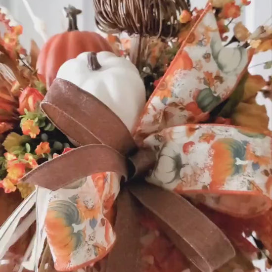 Boho Autumn Harvest Candlestick Centerpiece, Fall Thanksgiving Floral Arrangement, Pumpkin Decor with Leaves and Berries, Fall Table Decor