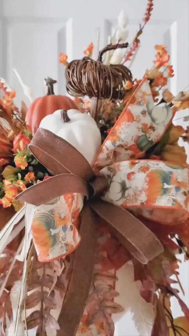 Boho Autumn Harvest Candlestick Centerpiece, Fall Thanksgiving Floral Arrangement, Pumpkin Decor with Leaves and Berries, Fall Table Decor