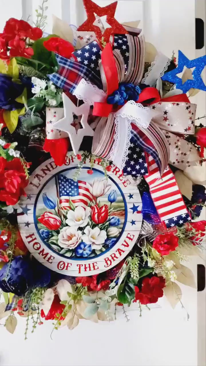 Patriotic Wreath for Front Door, Farmhouse Evergreen Wreath, Summer Wreath, Everyday, Year round, USA, Red White Blue, 4th of July decor
