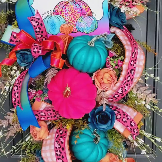 XL Fall Halloween Orange, Hot Pink, Teal Swag, Pumpkin Wreath, Fall Front Door Decor, Pink Cheetah Pumpkin Porch Swag, Seasonal Decorations