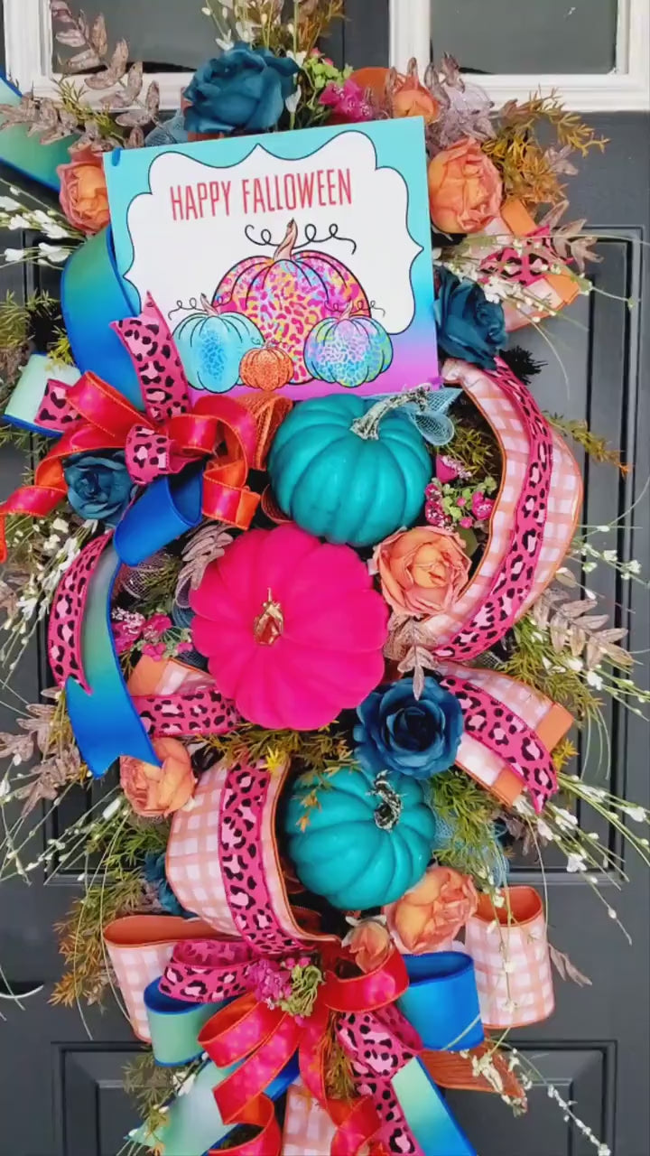 XL Fall Halloween Orange, Hot Pink, Teal Swag, Pumpkin Wreath, Fall Front Door Decor, Pink Cheetah Pumpkin Porch Swag, Seasonal Decorations
