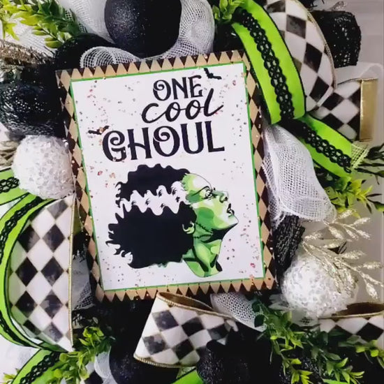 Glam Cool Ghoul Halloween Swag, Frankenstein Bride Decor, Dark Academia Art, Spooky Elegant Fall Wreath, Gothic Home Decor