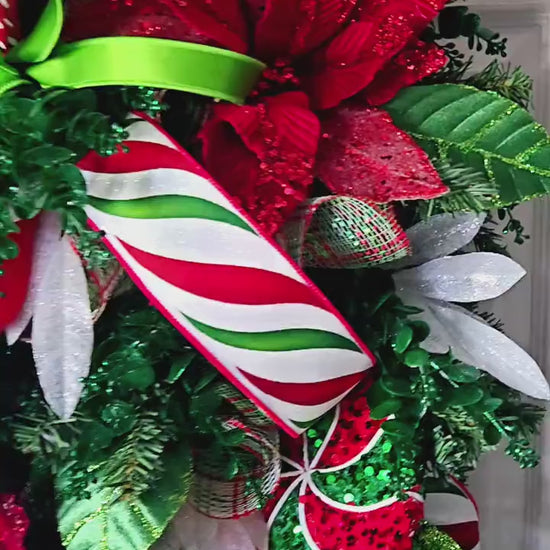 XXL 48 inch Christmas Poinsettia Swag, Red and Green Traditional Door Swag with Striped Ribbon, Holiday Glitter Swag, Winter Greenery Decor