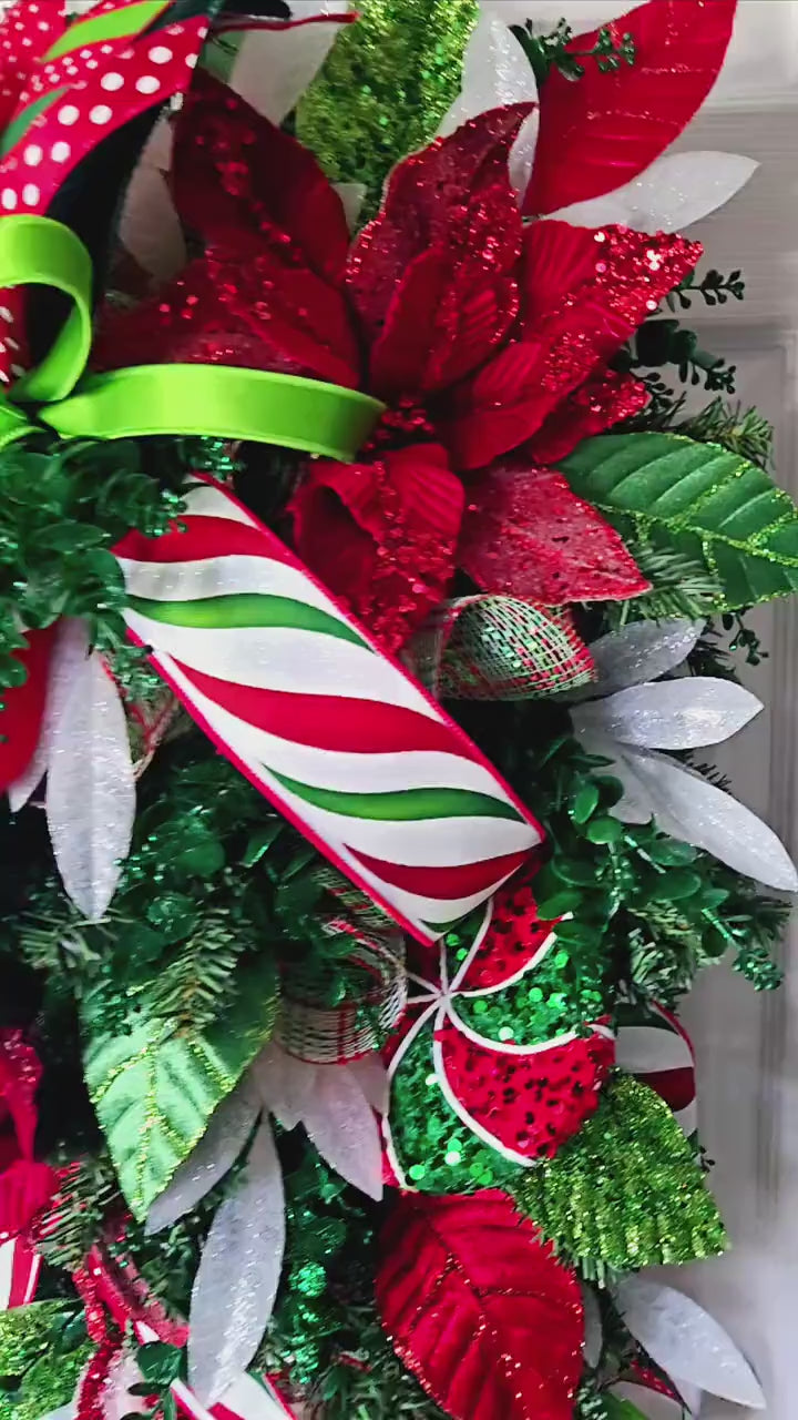 XXL 48 inch Christmas Poinsettia Swag, Red and Green Traditional Door Swag with Striped Ribbon, Holiday Glitter Swag, Winter Greenery Decor