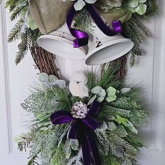 Rustic Bell Grapevine, Snow Owl Wreath, Christmas Door Decor, Holiday Wreath, Neutral Minimal Decoration, Farmhouse Style Door Hanger