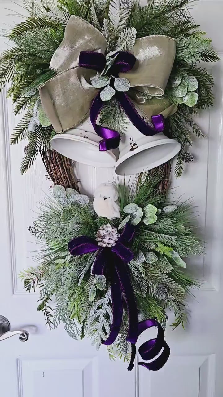 Rustic Bell Grapevine, Snow Owl Wreath, Christmas Door Decor, Holiday Wreath, Neutral Minimal Decoration, Farmhouse Style Door Hanger
