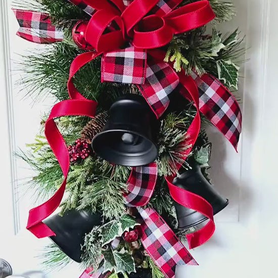 Rustic Winter Swag with Black Bells, Buffalo Plaid Holiday Door Hanger, Farmhouse Style Wreath, Christmas Bell Swag, Front Door decor