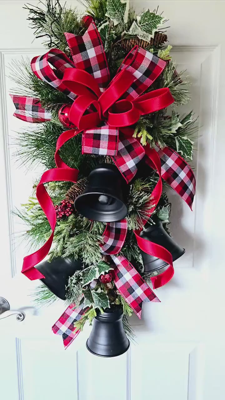 Rustic Winter Swag with Black Bells, Buffalo Plaid Holiday Door Hanger, Farmhouse Style Wreath, Christmas Bell Swag, Front Door decor
