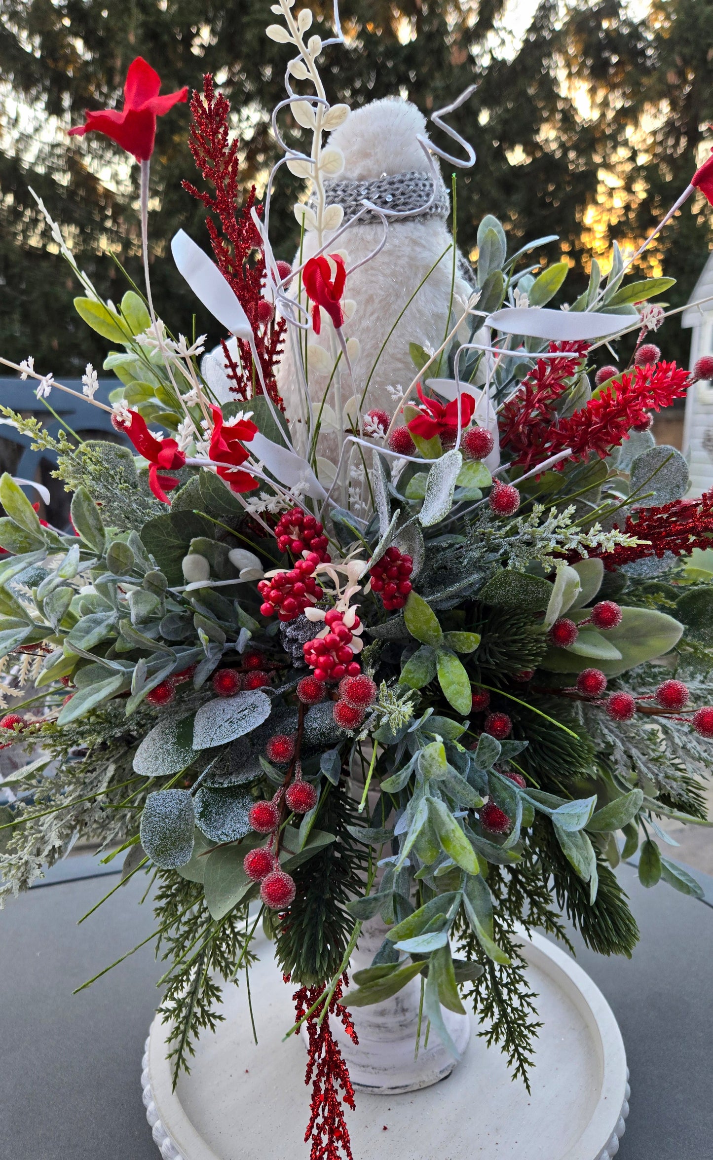 Winter Penguin Christmas Candlestick Centerpiece | Elegant Red, White & Silver Holiday Table Decor