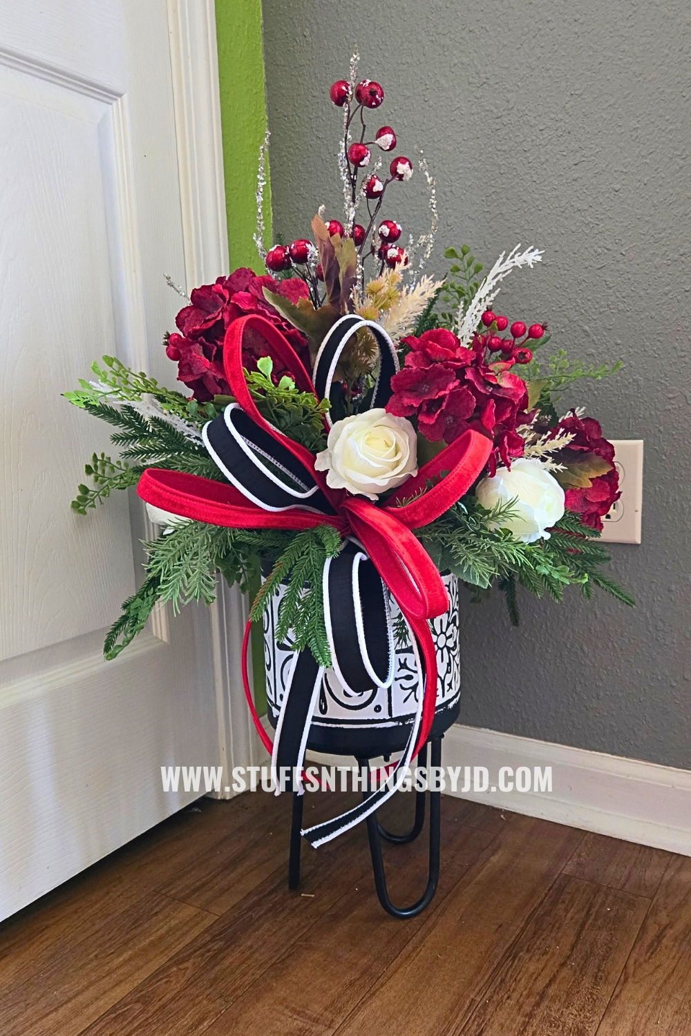 Style That Spot Crimson & Evergreen Floor Arrangement | Black, White & Red Holiday Plant Stand
