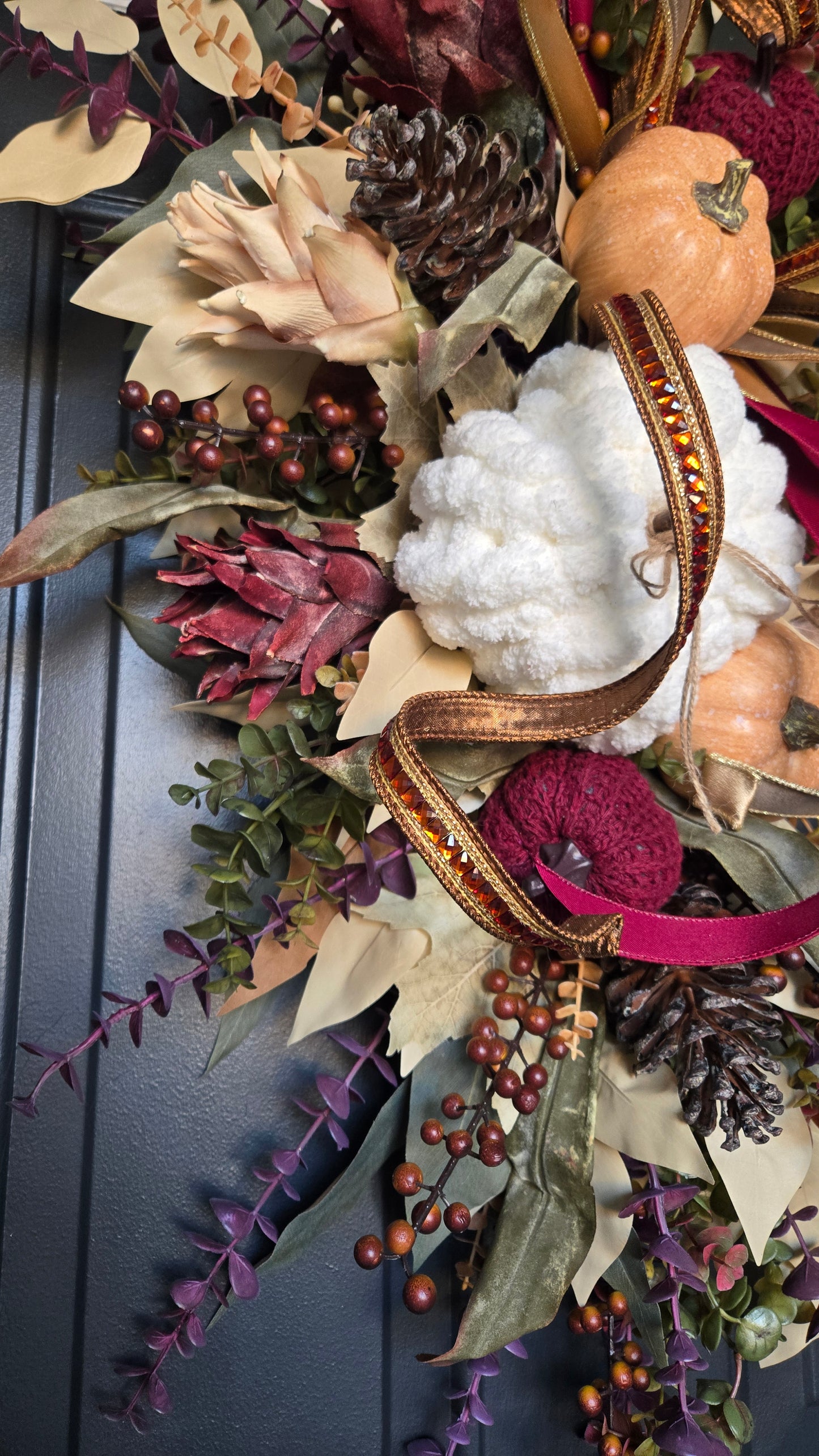 Fall Wreath - Burgundy Eucalyptus and Pumpkin Grapevine Wreath for Autumn Door Decor