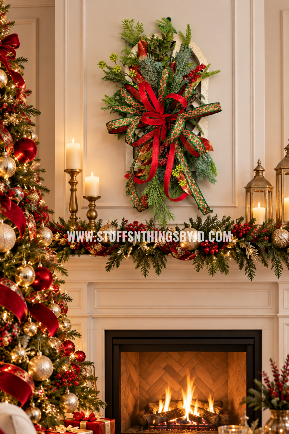 Christmas Window Pane Hanger, Red & Green Holiday Greenery Door & Wall Décor, Holiday Wall Hanging