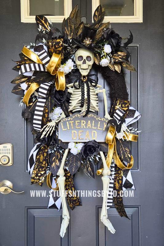 Literally Dead Skeleton Halloween Door Wreath | Large Black, White & Gold Gothic Halloween Decor