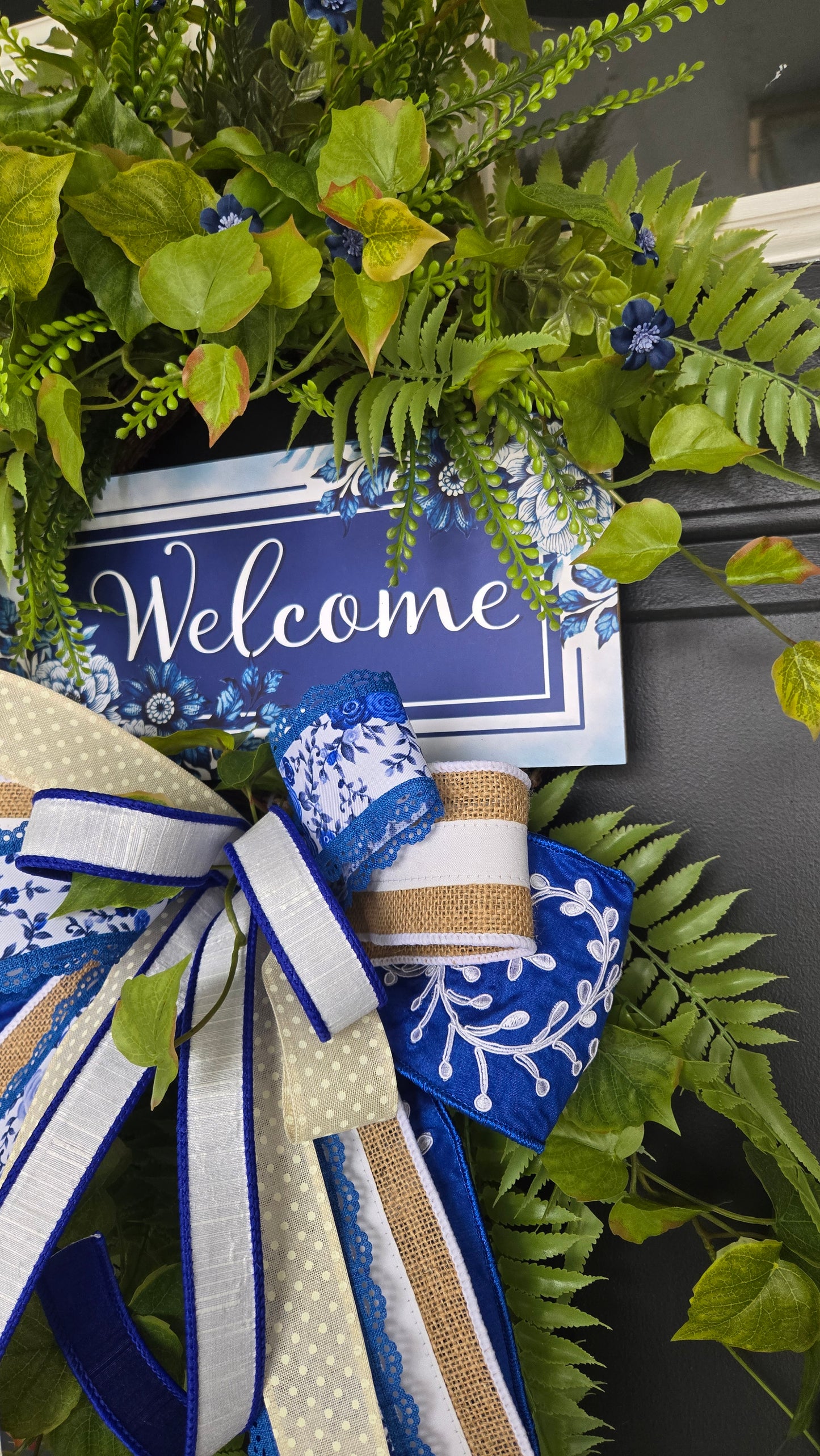 Chinoiserie Welcome Wreath | Everyday Greenery Door Wreath | Farmhouse Front Door Decor | All Season Fern Wreath with Bow