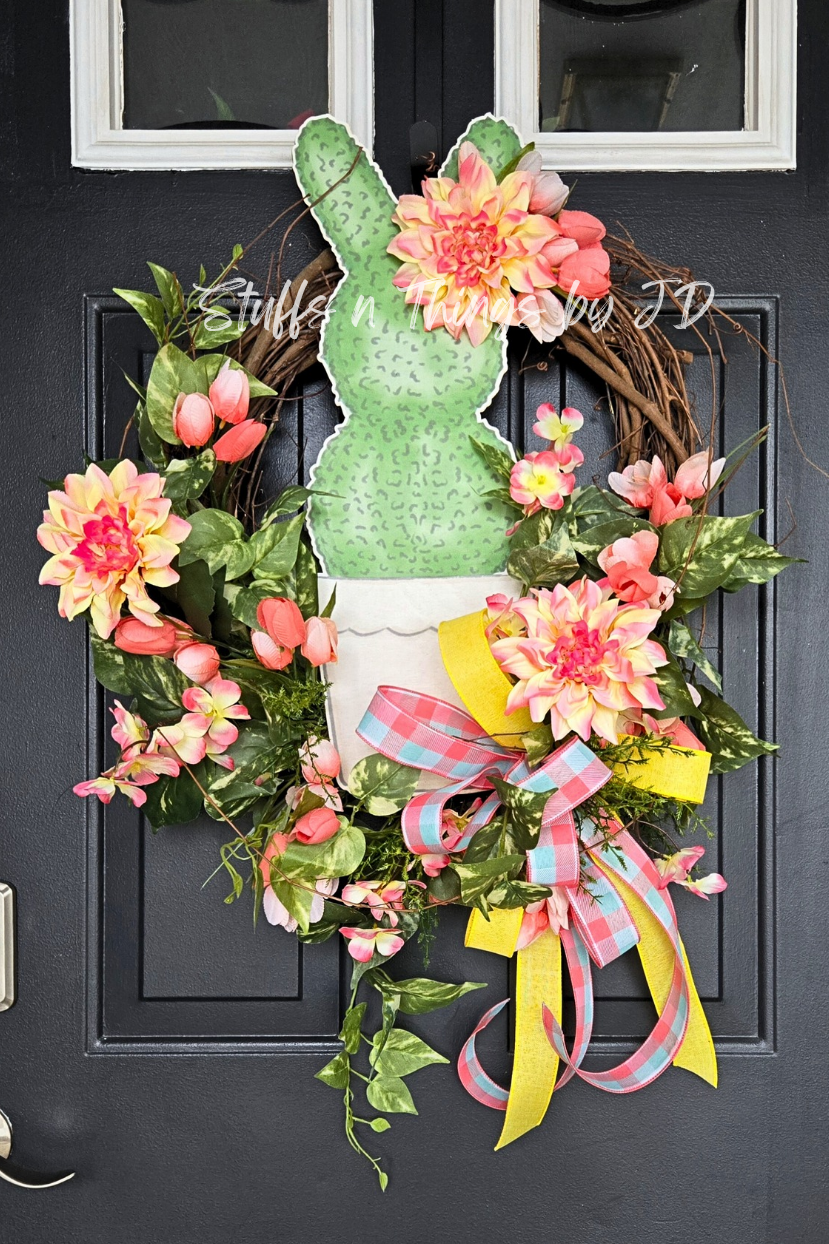 Easter Topiary Grapevine Wreath | Spring Bunny Door Wreath | Floral Easter Front Door Decor | Pastel Spring Wreath with Bow