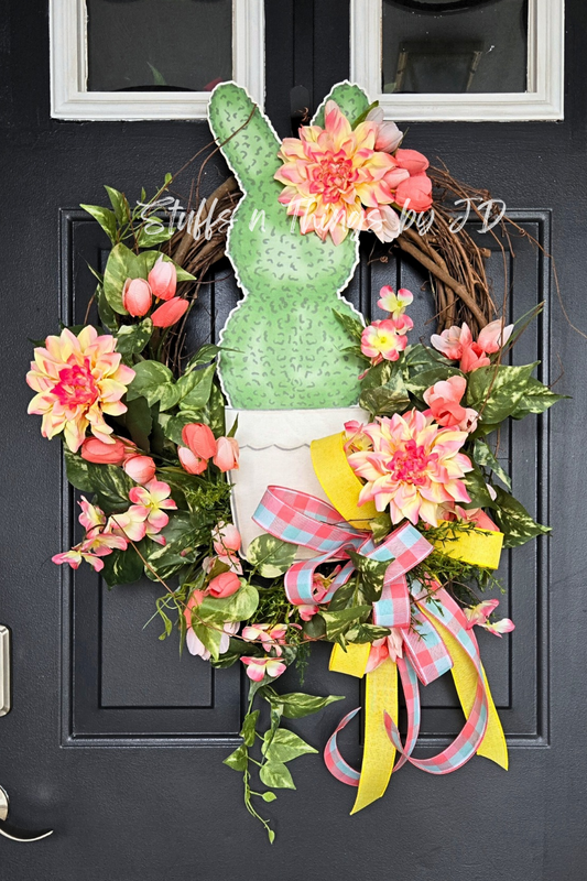 Easter Topiary Grapevine Wreath | Spring Bunny Door Wreath | Floral Easter Front Door Decor | Pastel Spring Wreath with Bow