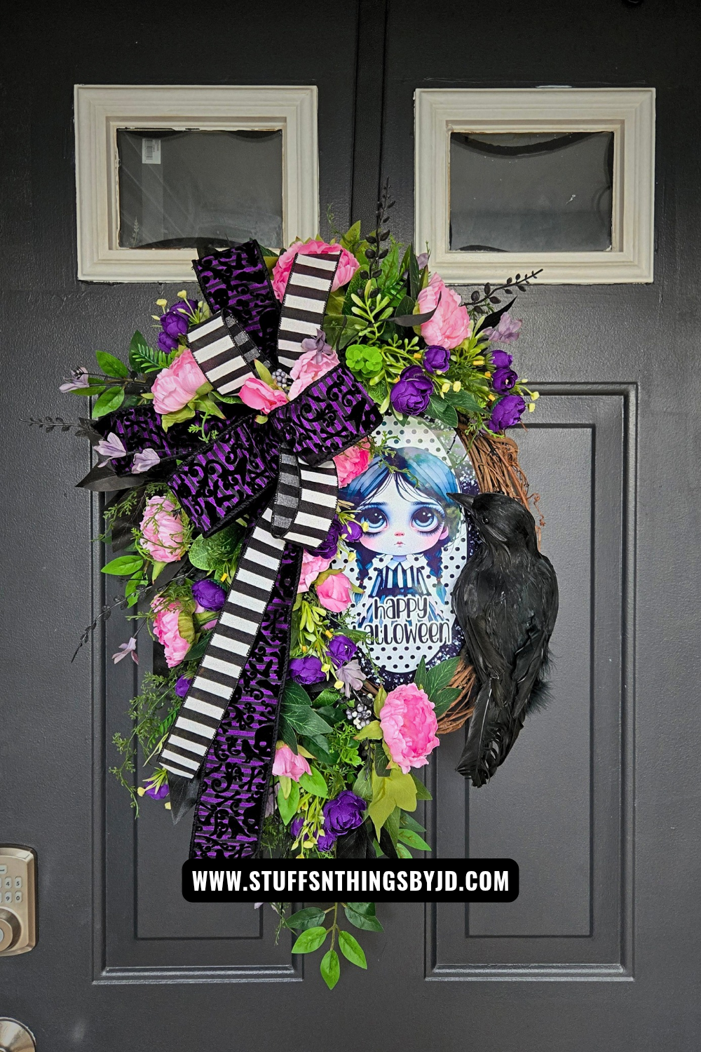 Happy Halloween Girl Wreath | Raven Halloween Door Decor with Peonies, Ranunculus & Black Foliage