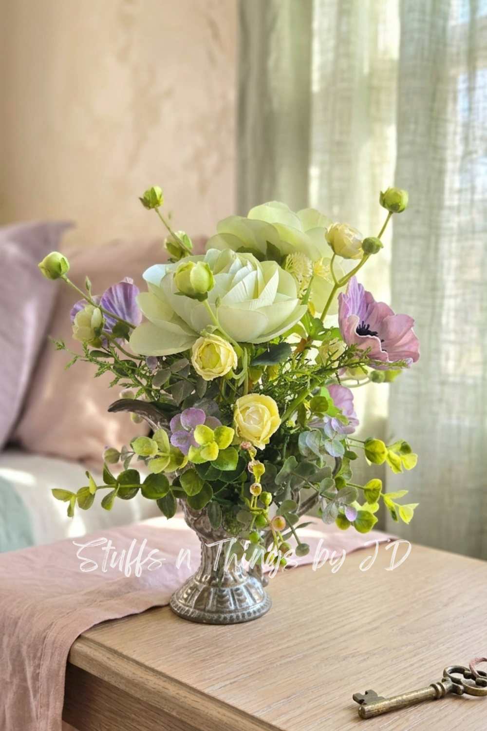 Vintage Ewer Floral Arrangement with Sage Green Ranunculus & Lavender Anemones
