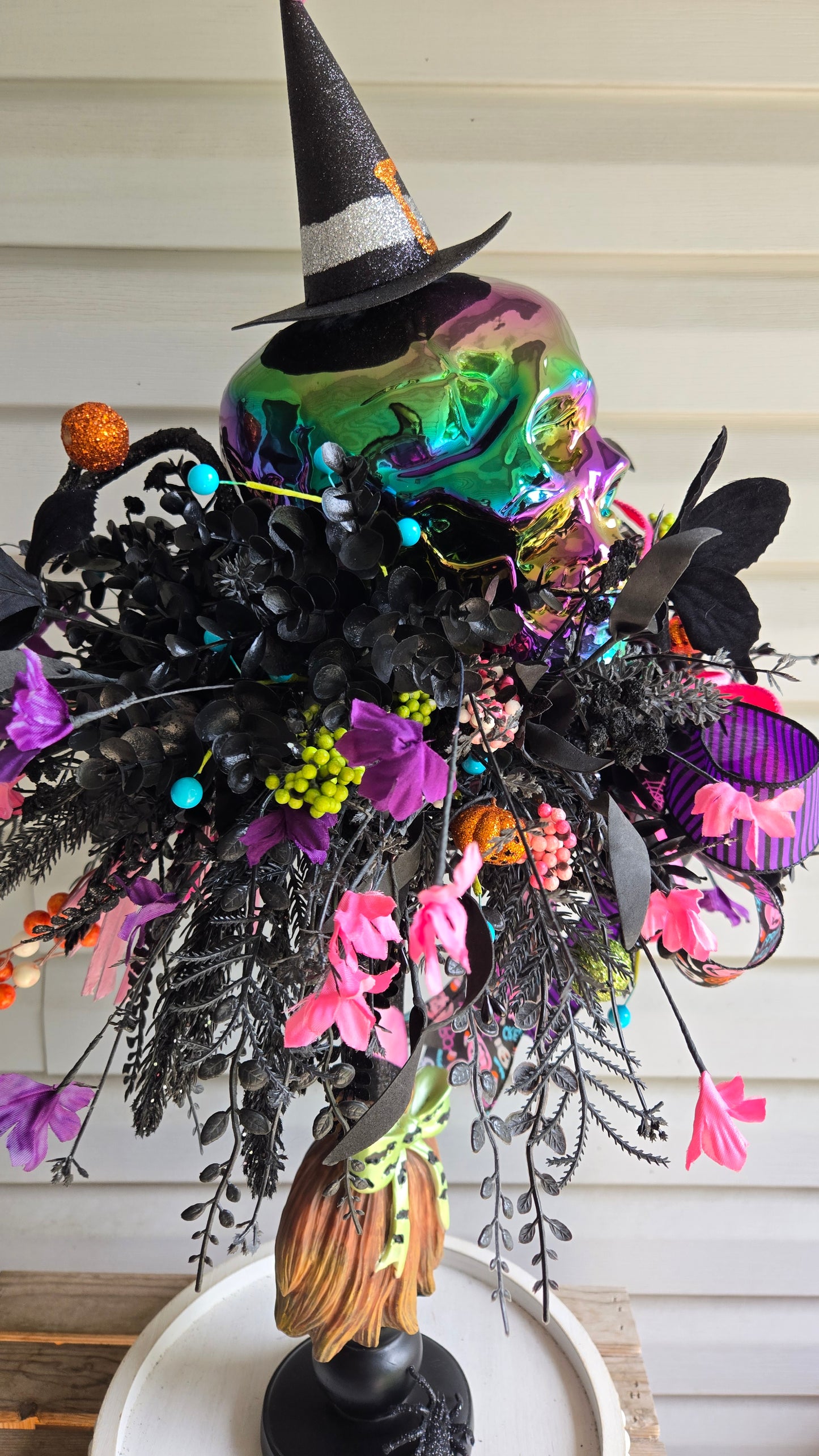 Halloween Witches Broom Skull Centerpiece | Colorful Witch Hat Table Decor | One-of-a-Kind Spooky Arrangement