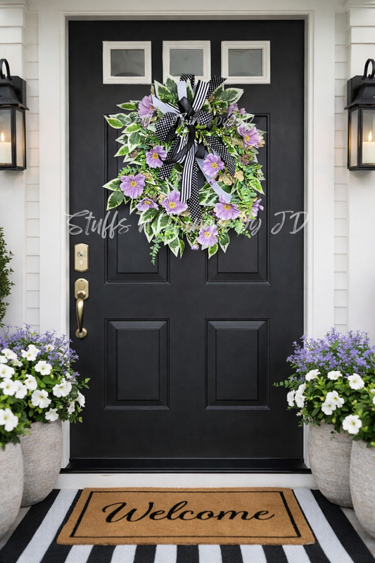 Soft Purple Cosmo Wreath | Neutral Inspired Spring Door Wreath with Lavender Florals & Black Ribbon | Elegant Everyday Front Door Decor | Modern Cottage Entryway